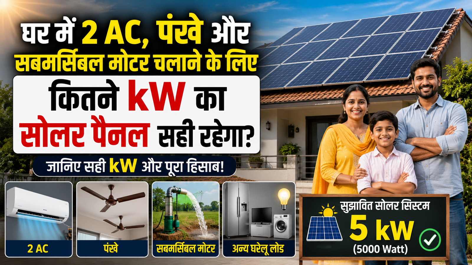 घर में 2 AC, पंखे और सबमर्सिबल मोटर चलाने के लिए कितने kW का सोलर पैनल रहेगा सही? आइए जानें